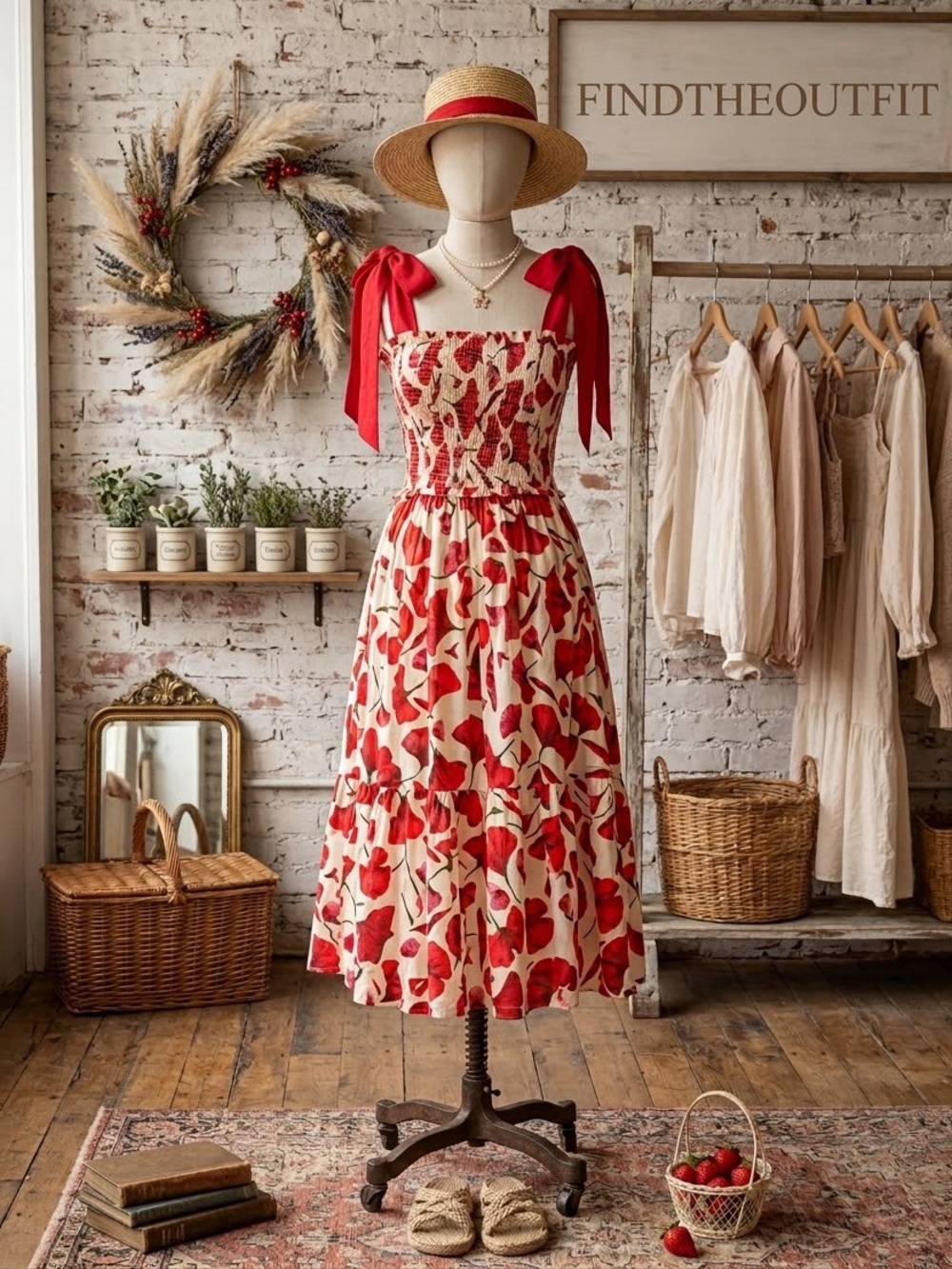 En Saison Josie Gingko Red Cream Floral Tie-Shoulder cotton Dress medium